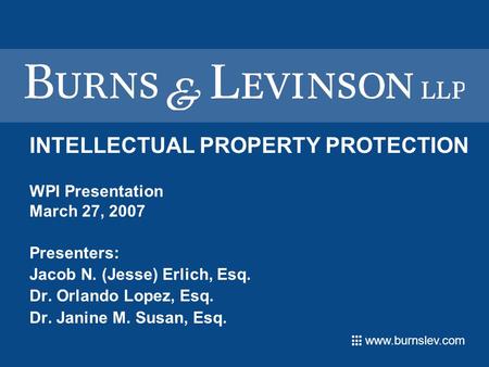 Www.burnslev.com INTELLECTUAL PROPERTY PROTECTION WPI Presentation March 27, 2007 Presenters: Jacob N. (Jesse) Erlich, Esq. Dr. Orlando Lopez, Esq. Dr.