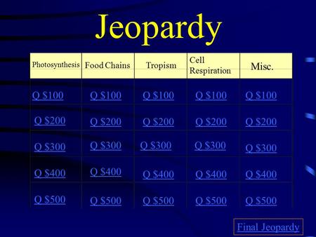 Jeopardy Photosynthesis Food ChainsTropism Cell Respiration Misc. Q $100 Q $200 Q $300 Q $400 Q $500 Q $100 Q $200 Q $300 Q $400 Q $500 Final Jeopardy.