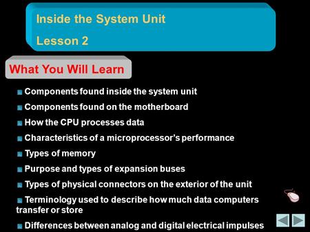 Inside the System Unit Lesson 2 What You Will Learn