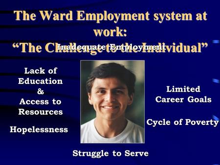The Ward Employment system at work: “The Challenge to the Individual” Inadequate Employment Struggle to Serve Hopelessness Lack of Education & Access.