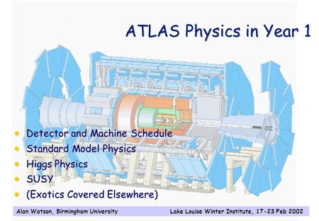 Alan Watson, Birmingham University Lake Louise Winter Institute, 17-23 Feb 2002 ATLAS Physics in Year 1  Detector and Machine Schedule  Standard Model.