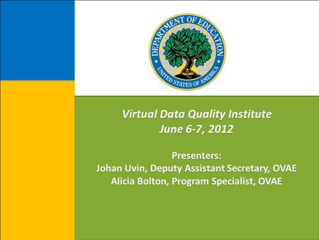 Virtual Data Quality Institute June 6-7, 2012 Presenters: Johan Uvin, Deputy Assistant Secretary, OVAE Alicia Bolton, Program Specialist, OVAE.