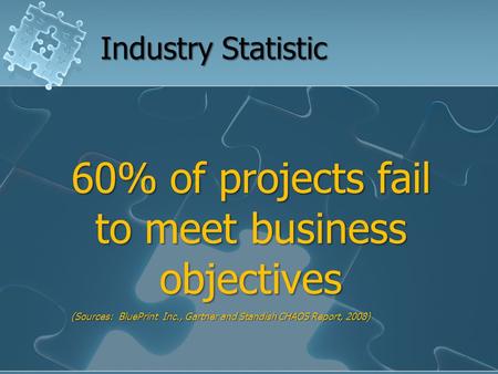 60% of projects fail to meet business objectives (Sources: BluePrint Inc., Gartner and Standish CHAOS Report, 2008) Industry Statistic.