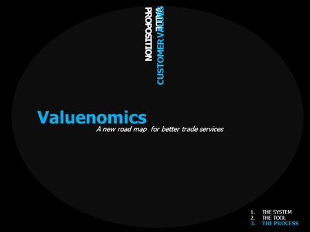 VALUE PROPOSITION CUSTOMER VALUES Valuenomics A new road map for better trade services 1.THE SYSTEM 2.THE TOOL 3.THE PROCESS.