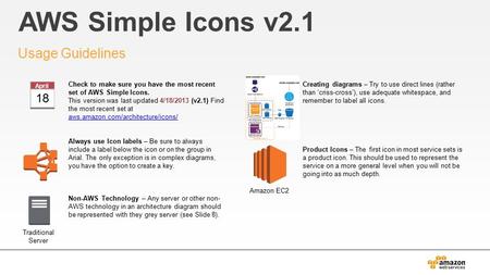 AWS Simple Icons v2.1 Usage Guidelines Check to make sure you have the most recent set of AWS Simple Icons. This version was last updated 4/18/2013 (v2.1)