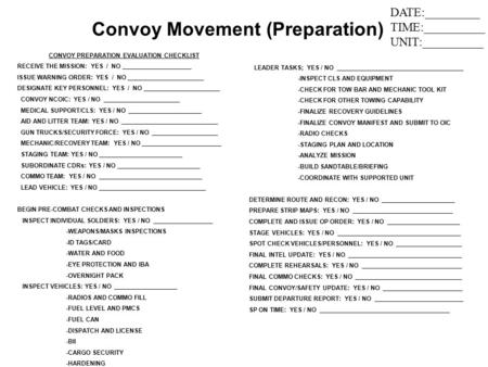 Convoy Movement (Preparation) CONVOY PREPARATION EVALUATION CHECKLIST
