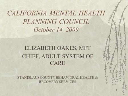 1 CALIFORNIA MENTAL HEALTH PLANNING COUNCIL October 14, 2009 ELIZABETH OAKES, MFT CHIEF, ADULT SYSTEM OF CARE STANISLAUS COUNTY BEHAVIORAL HEALTH & RECOVERY.