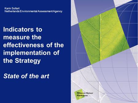 Indicators to measure the effectiveness of the implementation of the Strategy State of the art Karin Sollart Netherlands Environmental Assessment Agency.