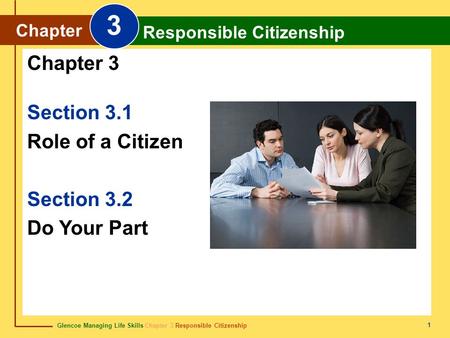 Glencoe Managing Life Skills Chapter 3 Responsible Citizenship Chapter 3 Responsible Citizenship 1 Section 3.1 Role of a Citizen Section 3.2 Do Your Part.