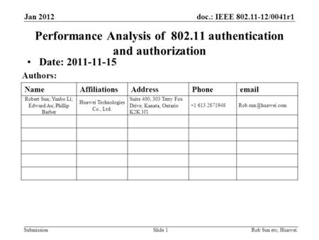 Doc.: IEEE 802.11-12/0041r1 Submission NameAffiliationsAddressPhoneemail Robert Sun; Yunbo Li; Edward Au; Phillip Barber Huawei Technologies Co., Ltd.