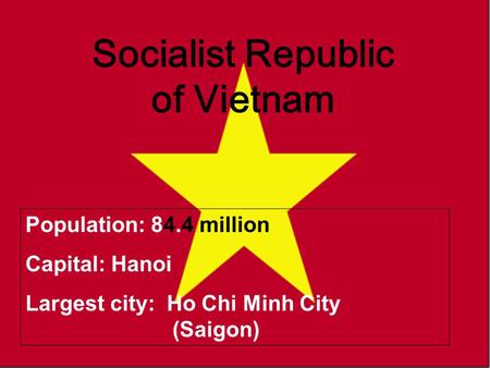 Vietnam Socialist Republic of Vietnam Population: 84.4 million Capital: Hanoi Largest city: Ho Chi Minh City (Saigon)