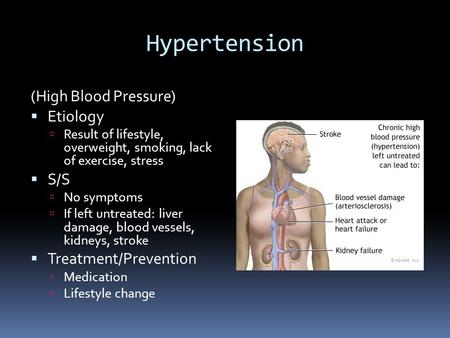 Hypertension (High Blood Pressure)  Etiology  Result of lifestyle, overweight, smoking, lack of exercise, stress  S/S  No symptoms  If left untreated: