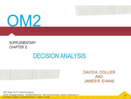 1 OM2, Supp. Ch. E. Decision Analysis ©2010 Cengage Learning. All Rights Reserved. May not be scanned, copied or duplicated, or posted to a publicly accessible.