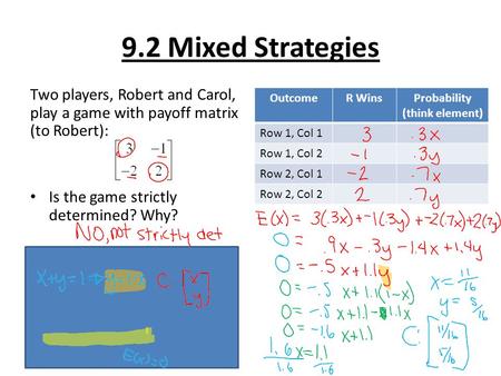 9.2 Mixed Strategies Two players, Robert and Carol, play a game with payoff matrix (to Robert): Is the game strictly determined? Why? Robert has strategy: