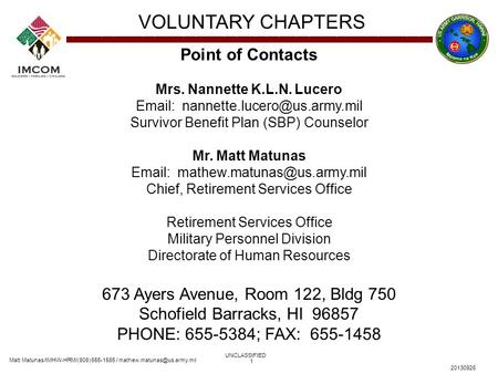 Matt Matunas/IMHW-HRM/(808) 655-1585 / VOLUNTARY CHAPTERS UNCLASSIFIED 20130926 1 Point of Contacts Mrs. Nannette K.L.N. Lucero.