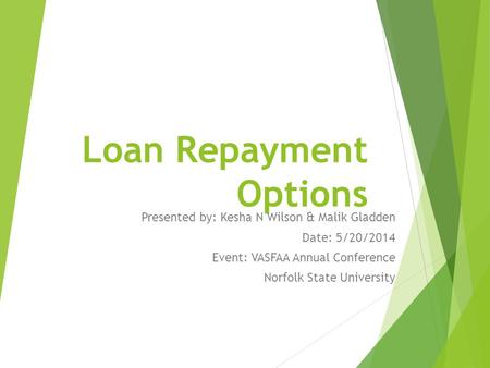 Loan Repayment Options Presented by: Kesha N Wilson & Malik Gladden Date: 5/20/2014 Event: VASFAA Annual Conference Norfolk State University.
