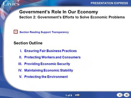 Section Outline 1 of 9 Government’s Role In Our Economy Section 2: Government’s Efforts to Solve Economic Problems I.Ensuring Fair Business Practices II.Protecting.