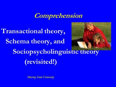 Comprehension Transactional theory, Schema theory, and Sociopsycholinguistic theory (revisited!) Murray State University.