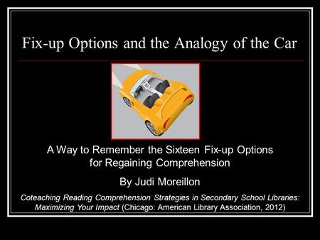 Fix-up Options and the Analogy of the Car A Way to Remember the Sixteen Fix-up Options for Regaining Comprehension By Judi Moreillon Coteaching Reading.