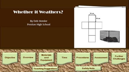 Whether it Weathers? By Deb Hemler Preston High School 1.Assign students into 12 groups, for each group mass one each of the limestone, shale, and sandstone.