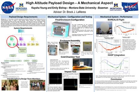 High Altitude Payload Design – A Mechanical Aspect Kaysha Young and Emily Bishop – Montana State University - Bozeman Advisor: Dr. Brock J. LaMeres Mechanical.