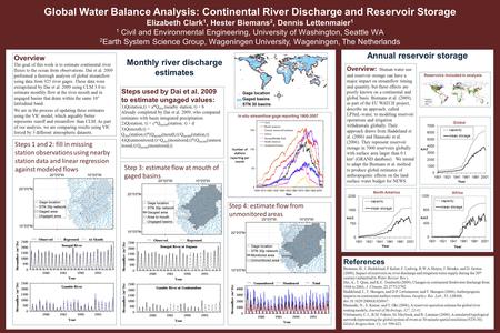 Locations Global Water Balance Analysis: Continental River Discharge and Reservoir Storage Elizabeth Clark 1, Hester Biemans 2, Dennis Lettenmaier 1 1.