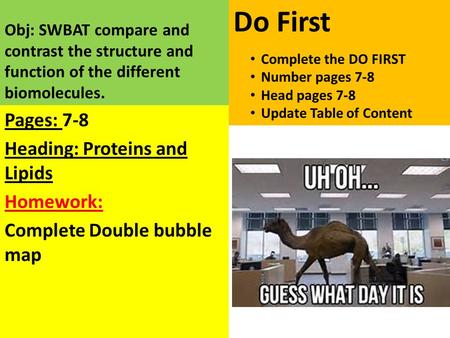Obj: SWBAT compare and contrast the structure and function of the different biomolecules. Pages: 7-8 Heading: Proteins and Lipids Homework: Complete Double.