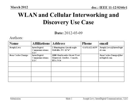 Submission doc.: IEEE 11-12/0346r1 WLAN and Cellular Interworking and Discovery Use Case Date: 2012-03-09 Slide 1Joseph Levy, InterDigital Communications,