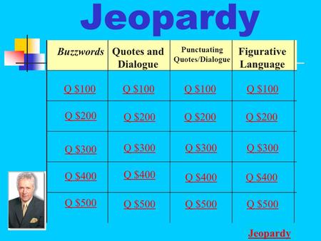 Jeopardy Buzzwords Quotes and Dialogue Punctuating Quotes/Dialogue Figurative Language Q $100 Q $200 Q $300 Q $400 Q $500 Q $100 Q $200 Q $300 Q $400.