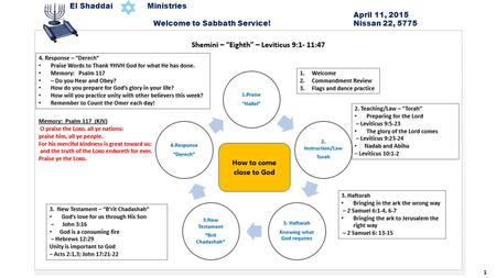 1 El Shaddai Ministries April 11, 2015 Welcome to Sabbath Service! Nissan 22, 5775.