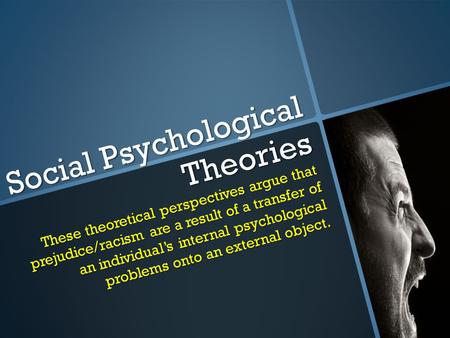 Social Psychological Theories These theoretical perspectives argue that prejudice/racism are a result of a transfer of an individual’s internal psychological.
