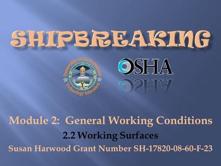 Module 2: General Working Conditions 2.2 Working Surfaces Susan Harwood Grant Number SH-17820-08-60-F-23.