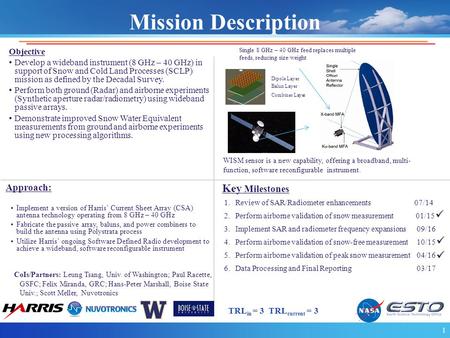 Key Milestones Objective Develop a wideband instrument (8 GHz – 40 GHz) in support of Snow and Cold Land Processes (SCLP) mission as defined by the Decadal.