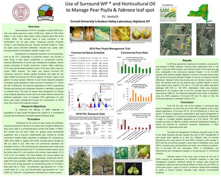 Cornell University’s Hudson Valley Laboratory, Highland, NY Use of Surround WP ® and Horticultural Oil to Manage Pear Psylla & Fabraea leaf spot P.J. Jentsch.