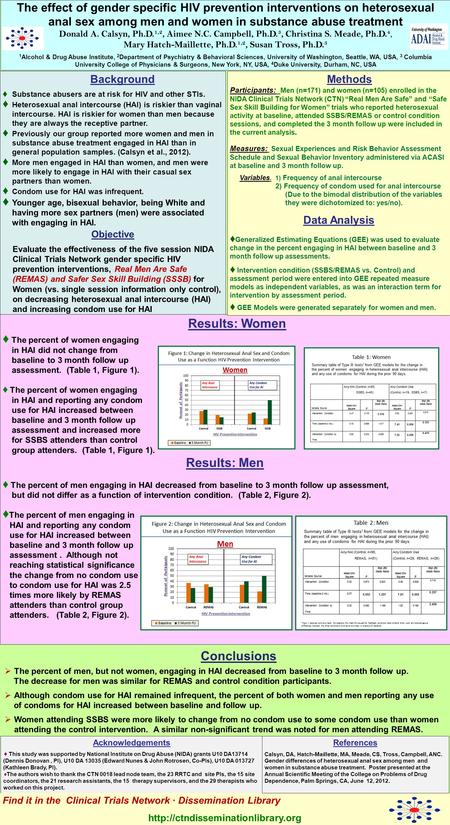 The effect of gender specific HIV prevention interventions on heterosexual anal sex among men and women in substance abuse treatment Donald A. Calsyn,