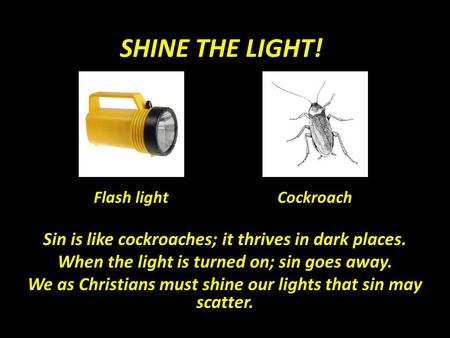 SHINE THE LIGHT! Sin is like cockroaches; it thrives in dark places. When the light is turned on; sin goes away. We as Christians must shine our lights.