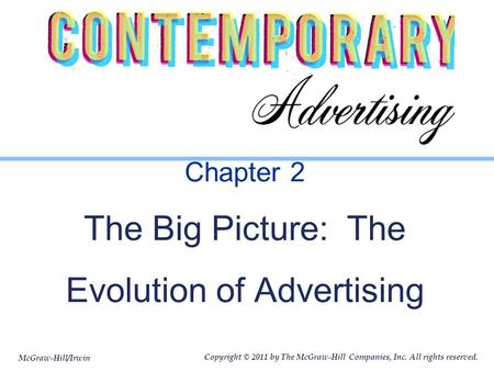 McGraw-Hill/Irwin Copyright © 2011 by The McGraw-Hill Companies, Inc. All rights reserved. Chapter 2 The Big Picture: The Evolution of Advertising.