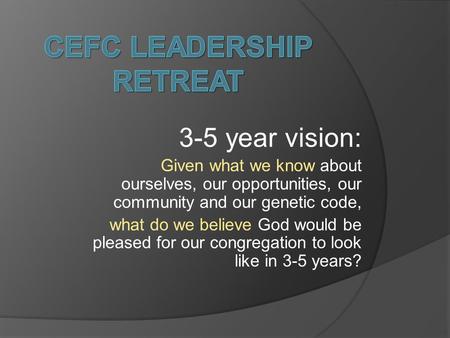 3-5 year vision: Given what we know about ourselves, our opportunities, our community and our genetic code, what do we believe God would be pleased for.