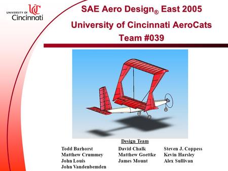 SAE Aero Design ® East 2005 University of Cincinnati AeroCats Team #039 SAE Aero Design ® East 2005 University of Cincinnati AeroCats Team #039 Design.