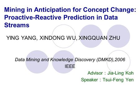 Mining in Anticipation for Concept Change: Proactive-Reactive Prediction in Data Streams YING YANG, XINDONG WU, XINGQUAN ZHU Data Mining and Knowledge.