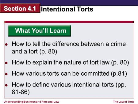 What You’ll Learn How to tell the difference between a crime and a tort (p. 80) How to explain the nature of tort law (p. 80) How various torts can be.