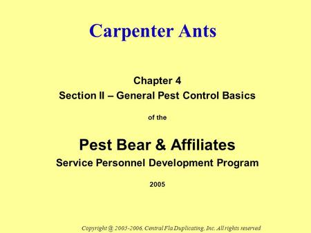 Carpenter Ants Chapter 4 Section II – General Pest Control Basics of the Pest Bear & Affiliates Service Personnel Development Program 2005