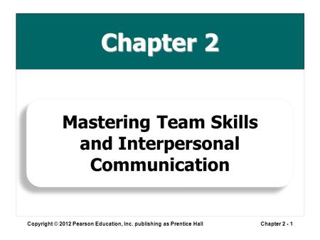 Chapter 2 Copyright © 2012 Pearson Education, Inc. publishing as Prentice HallChapter 2 - 1 Mastering Team Skills and Interpersonal Communication Mastering.