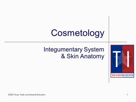 ©2005 Texas Trade and Industrial Education1 Cosmetology Integumentary System & Skin Anatomy.