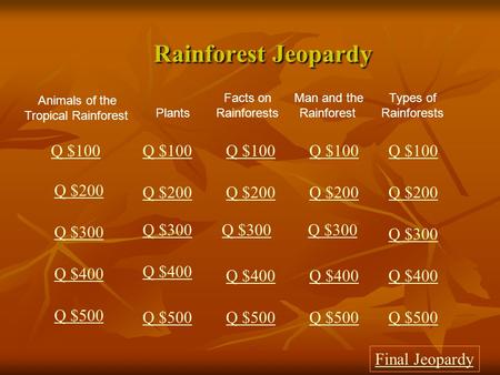 Rainforest Jeopardy Q $100 Q $100 Q $100 Q $100 Q $100 Q $200 Q $200