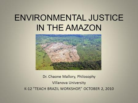 ENVIRONMENTAL JUSTICE IN THE AMAZON Dr. Chaone Mallory, Philosophy Villanova University K-12 “TEACH BRAZIL WORKSHOP,” OCTOBER 2, 2010.