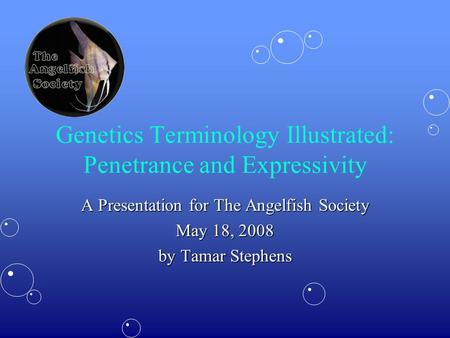 Genetics Terminology Illustrated: Penetrance and Expressivity A Presentation for The Angelfish Society May 18, 2008 by Tamar Stephens.