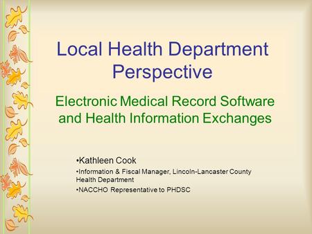 Local Health Department Perspective Electronic Medical Record Software and Health Information Exchanges Kathleen Cook Information & Fiscal Manager, Lincoln-Lancaster.