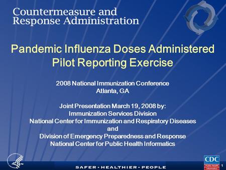 TM 1 Pandemic Influenza Doses Administered Pilot Reporting Exercise 2008 National Immunization Conference Atlanta, GA Joint Presentation March 19, 2008.