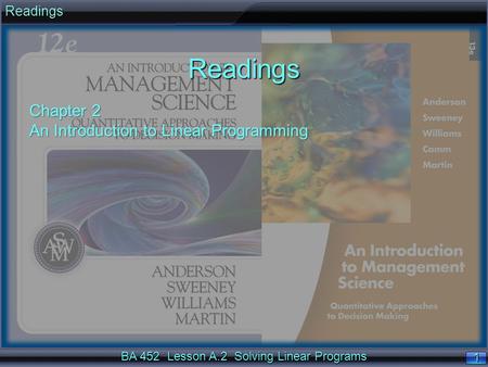 BA 452 Lesson A.2 Solving Linear Programs 1 1ReadingsReadings Chapter 2 An Introduction to Linear Programming.